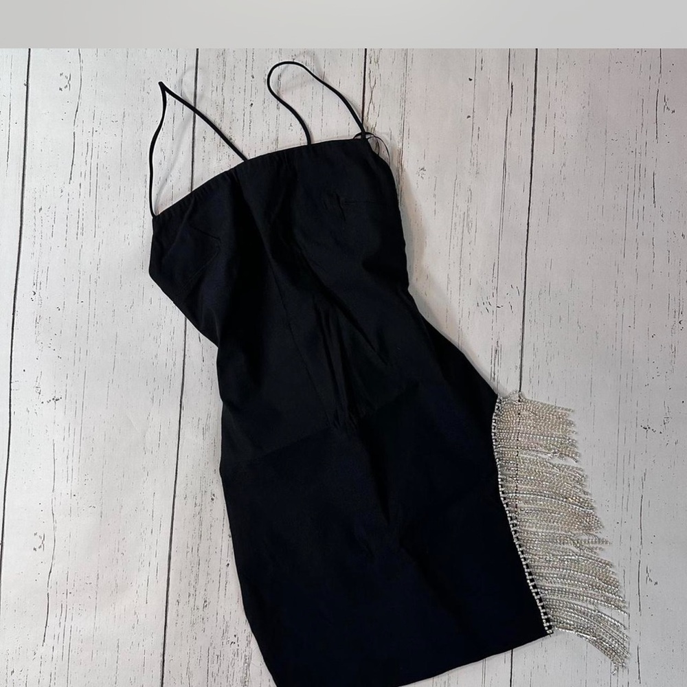 White Fox Boutique Black Mini Dress with Silver Crystal Fringe - Picture 2 of 4